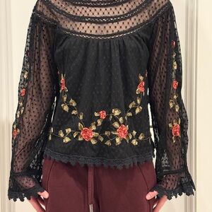 SAYLOR Black Lace Blouse with Red Floral Embroidery